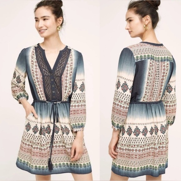 ANTHROPOLOGIE Floreat 2P PETITE Peasant Dress Crochet Block 3/4 Sleeve BOHO CHIC - Picture 1 of 16